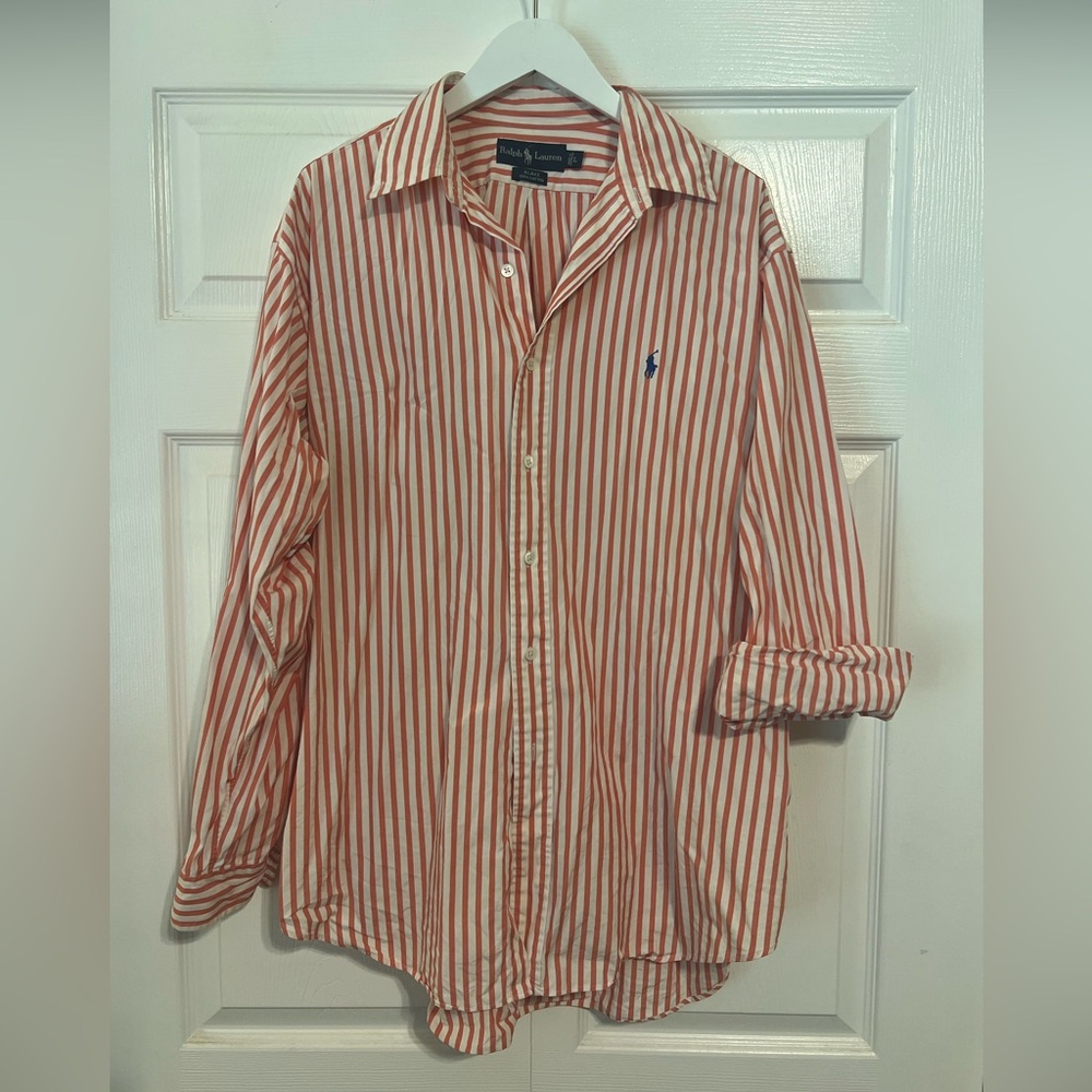 Ralph Lauren Coral and White Striped Casual Button Down Shirt